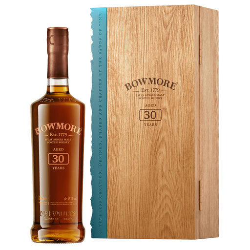 Bowmore 30 Year Old Whisky 2021 Release 70cl Next To Wooden Gift Box