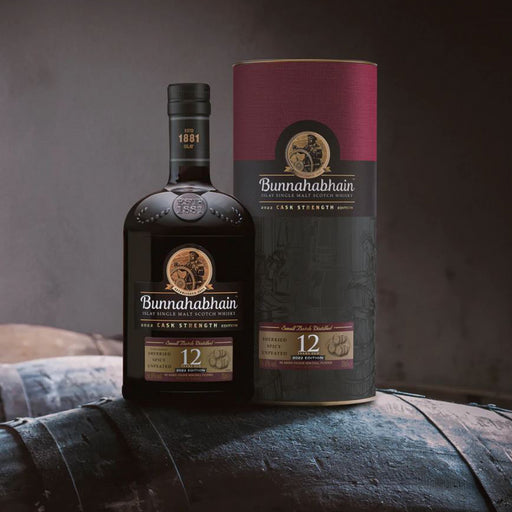Bunnahabhain 12 Year Old Whisky Cask Strength 2022 Release Next To Gift Box 
