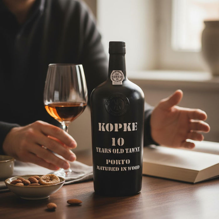 Kopke 10 Years Old Tawny Porto bottle with a glass of wine on a table
