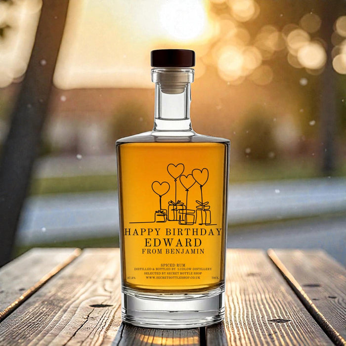 Personalised Happy Birthday Presents & Balloons Engraved Rum 70cl