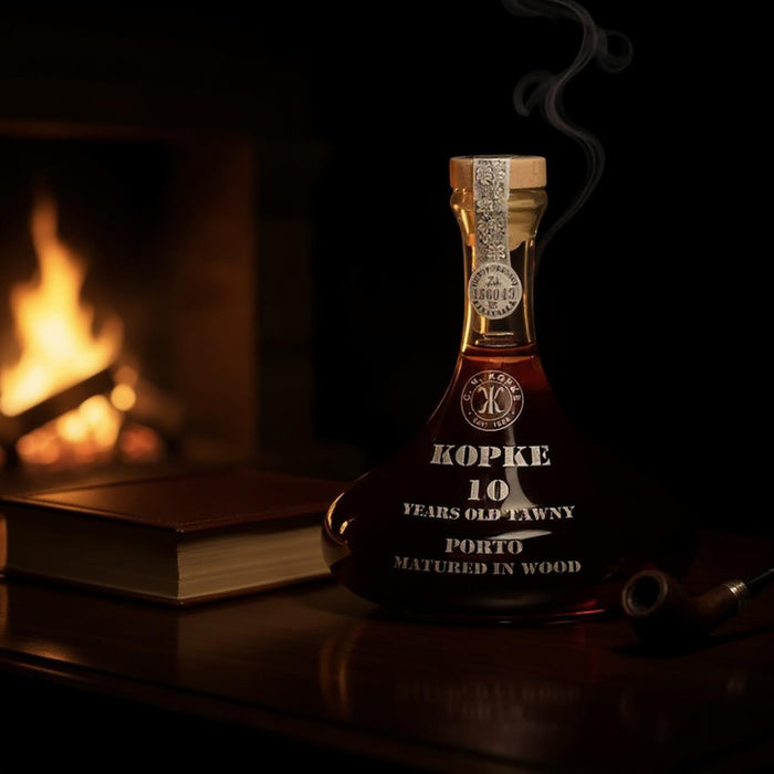 Kopke 10 years old Tawny Port bottle with a fireplace in the background