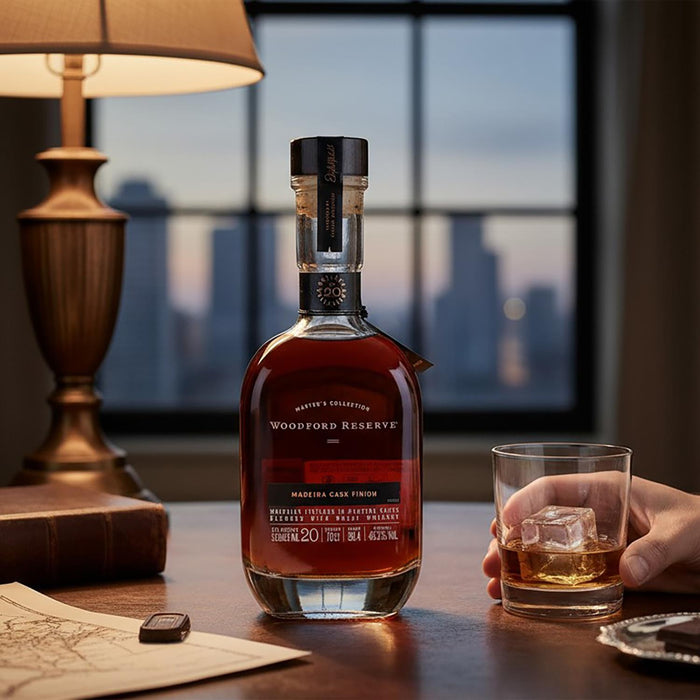 Woodford Reserve Masters Collection Series No.20 Madeira Cask Finish Bourbon bottle with a glass of whiskey on a table with a cityscape in the background