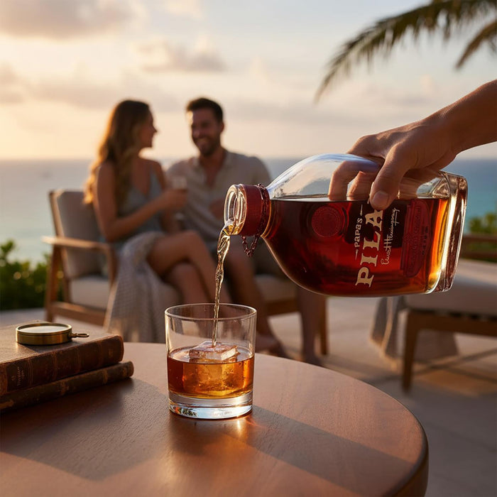Person pouring Papa's Pilar Sherry Finish Rum into a glass with a couple in the background at sunset