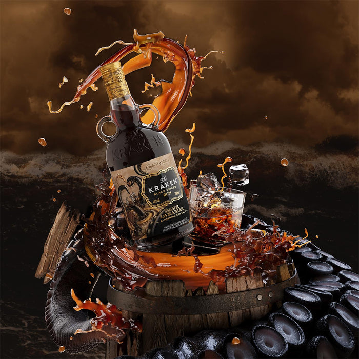 Kraken bottle with a octopus on a barrel against a stormy background
