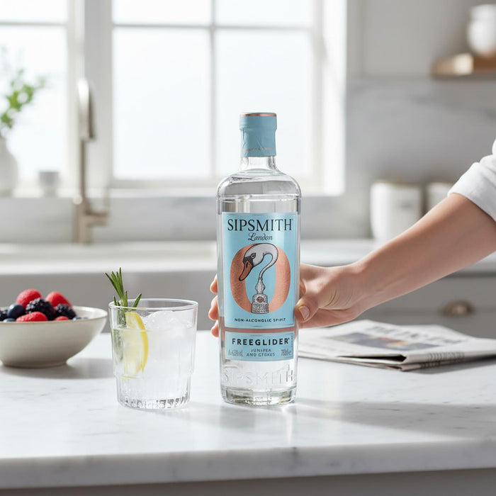 Person holding a bottle of Sipsmith Free Glider Non Alcoholic Spirit