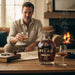 Man sitting by a fireplace holding a glass with a bottle of Papa's Pilar Rye Whiskey Barrel Finished Rum