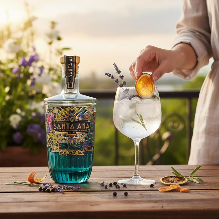Santa Ana Florale Gin bottle with a cocktail being prepared