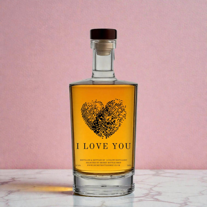 Secret Bottle Shop I Love You Engraved Rum with valentines day backdrop
