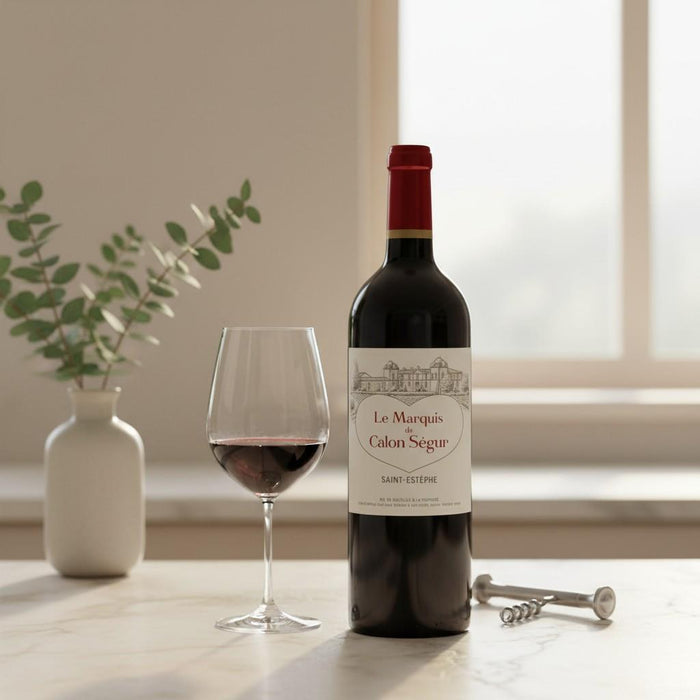 Bottle of Le Marquis Calon Segur wine with a glass and corkscrew on a table.