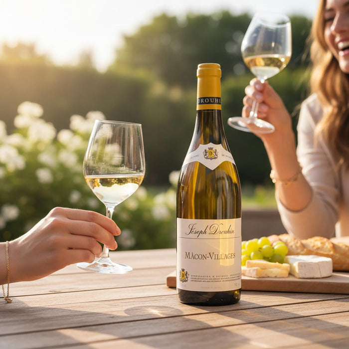 Bottle of Joseph Drouhin Macon Villages with two glasses