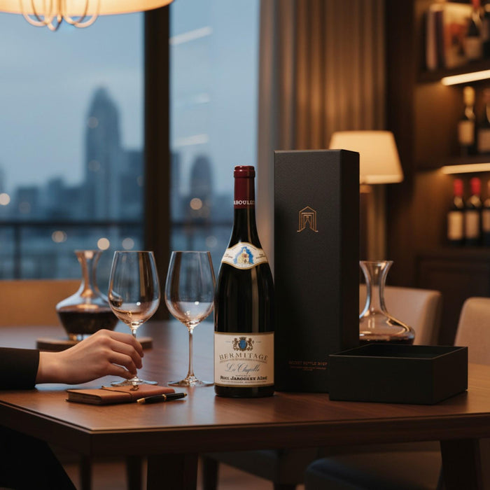 Paul Jaboulet Aine Hermitage La Chapelle 1982, Secret Bottle Shop gift box & glasses on a table