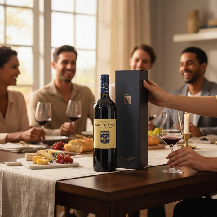 People sitting around a table with wine glasses and a bottle of Chateau Smith Haut Lafitte Pessac-Leognan & Secret Bottle Shop wine gift box