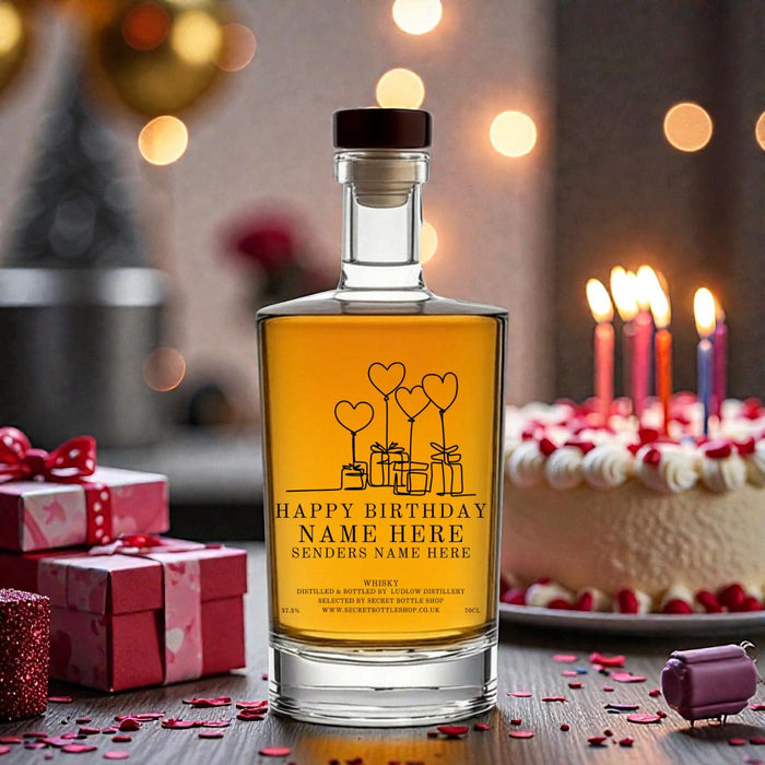 Personalised Happy Birthday Presents & Balloons Engraved Whisky for a unique birthday gift