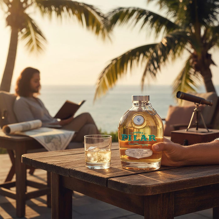 Pilar Blonde Rum bottle on a wooden table near the sea