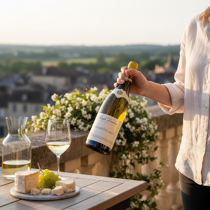 Person enjoying Joseph Drouhin Macon Villages on a balcony