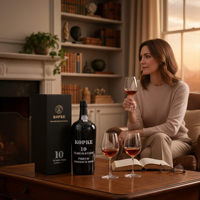 Woman sitting in a cosy room with a bottle of Kopke 10 Year Old Tawny Port and glasses