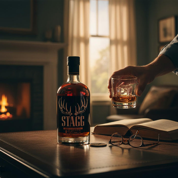 Bottle of Stagg Jr Bourbon Batch 25A & glass