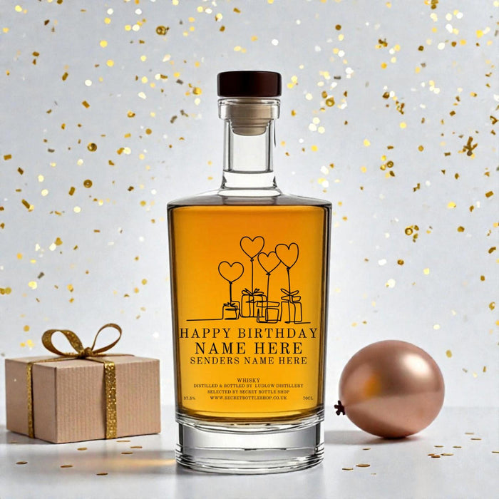 Personalised Happy Birthday Presents & Balloons Engraved Whisky for unique birthday gifting