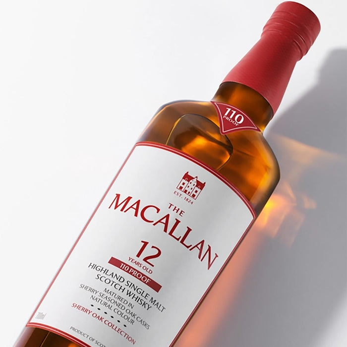 Close Of Label On Macallan 12 Year Old Sherry Oak Cask 110 Proof