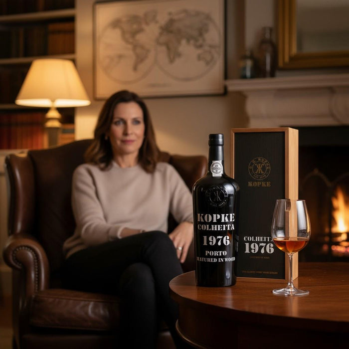 Admiring A Premium Kopke Colheita Port 1976 In Wooden Gift Box