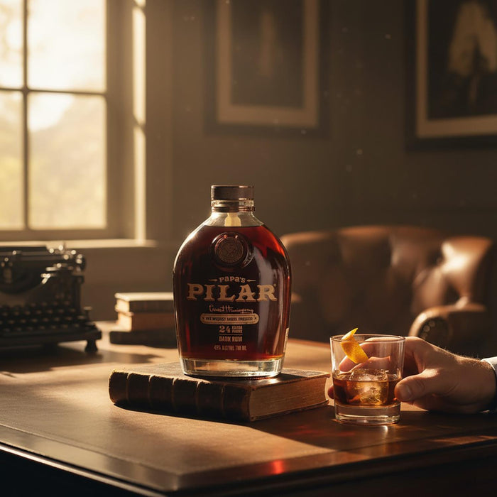 Bottle of Papa's Pilar Rye Whiskey Barrel Finished Rum on a wooden surface with a glass