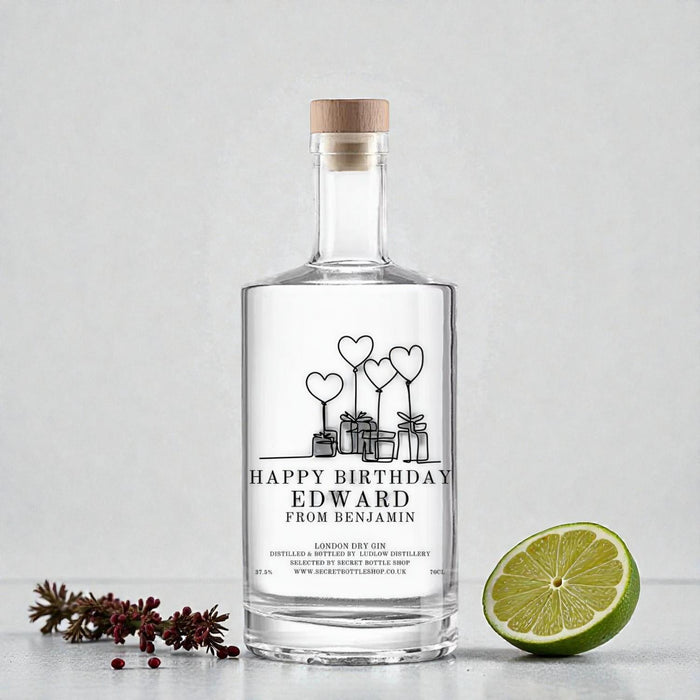 Personalised Happy Birthday Presents & Balloons Engraved Gin served with a slice of lime