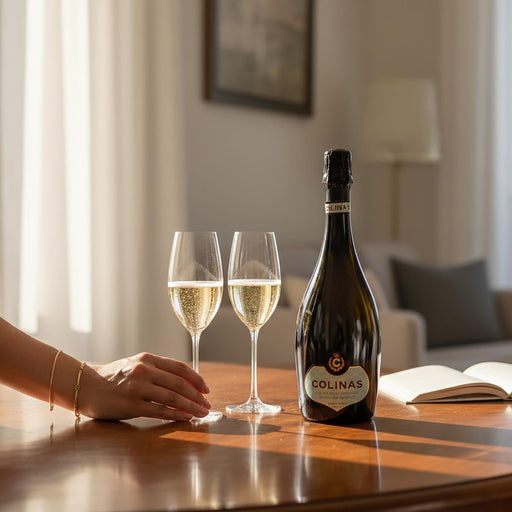 Bottle of Colinas Blanc De Blancs Cuvee Reserve Brut with two glasses