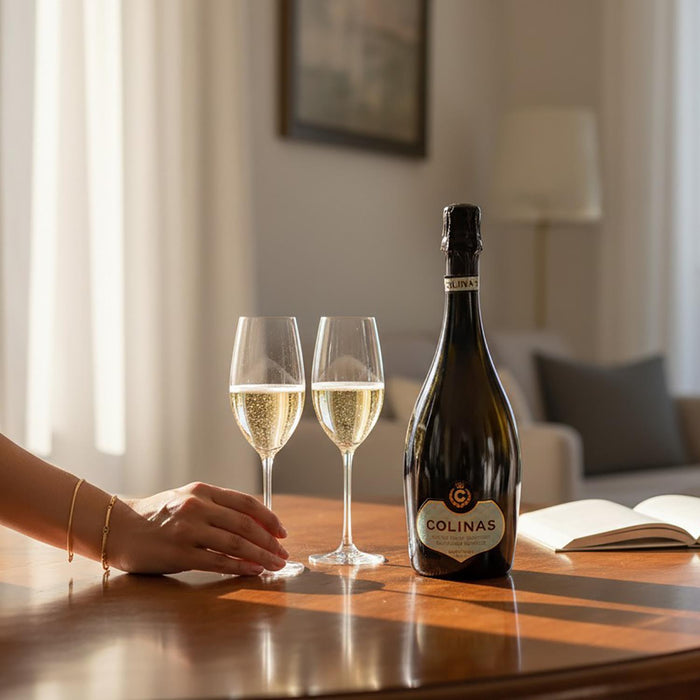 Bottle of Colinas Blanc De Blancs Cuvee Reserve Brut with two glasses