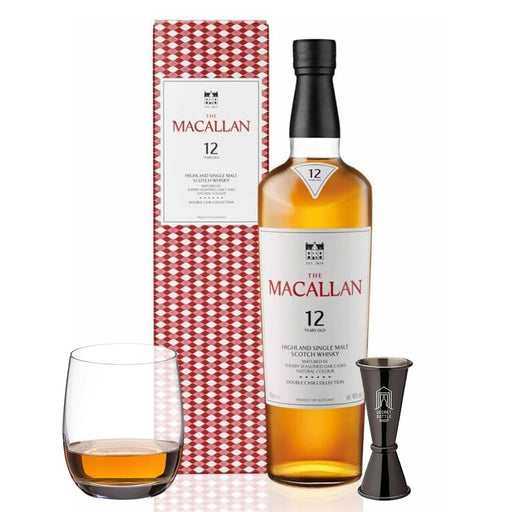 A Bottle Of The Macallan 12-year-old Whisky with a Whisky Glass And Jigger 