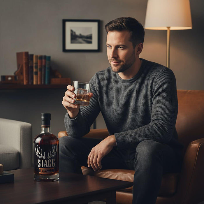 Man holding a glass of Stagg Jr Bourbon Batch 25A