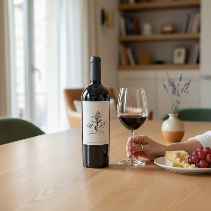 Person holding a glass of red wine next to a bottle Juan Gil 12 Silver Label Monastrell