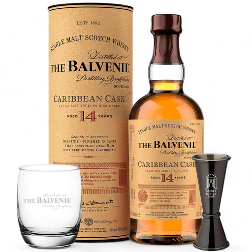 Balvenie 14 Year Old Caribbean Cask Whisky & Branded Whisky Glass & Jigger