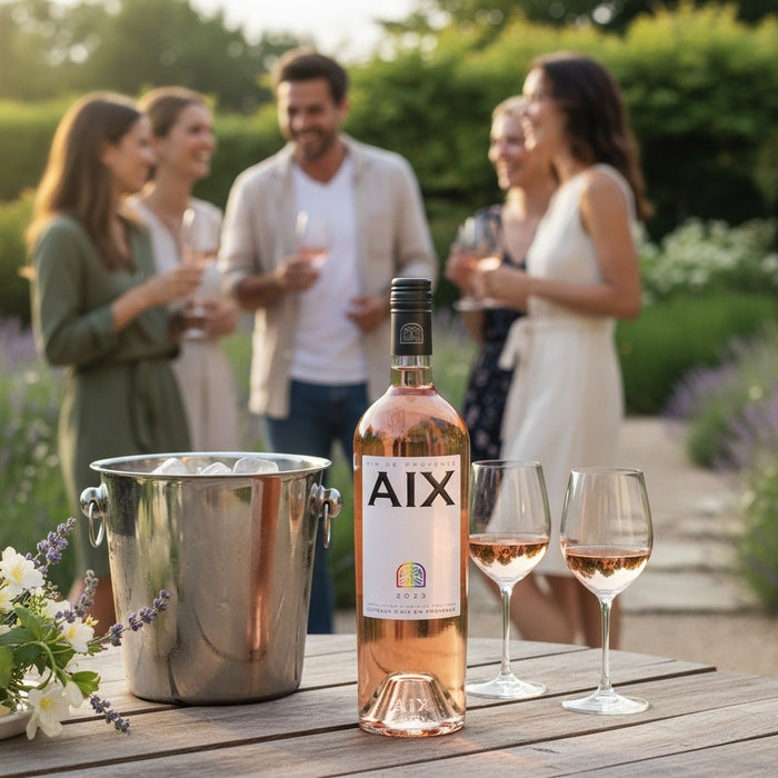 Bottle of AIX rosé wine with two glasses on a wooden table in a garden setting with people in the background.
