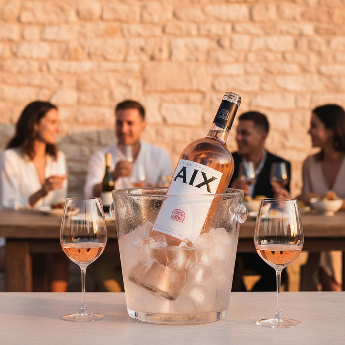 Bottle of AIX rosé wine in an ice bucket with people enjoying a meal in the background.