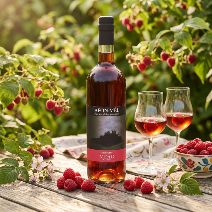 Bottle of Afon Mél mead with two glasses on a table outdoors surrounded by raspberries.