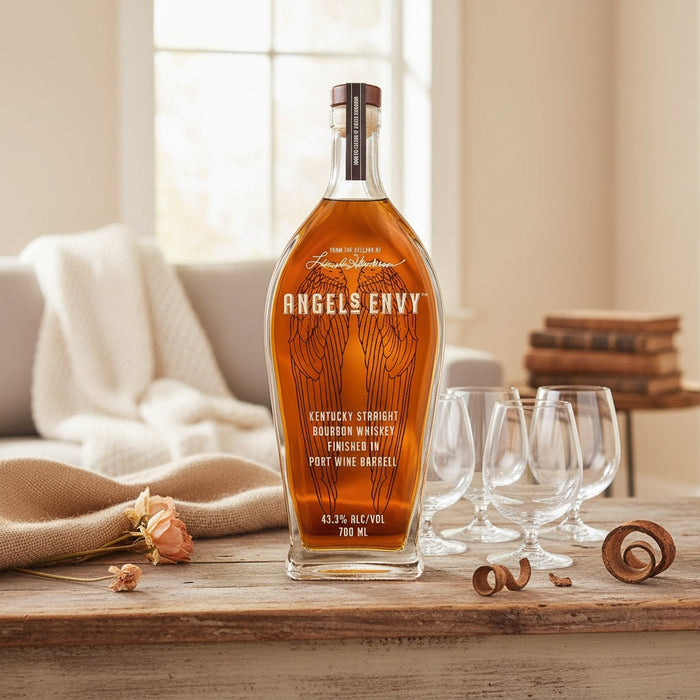 Bottle of Angels Envy bourbon on a wooden surface with glasses in a cozy room.