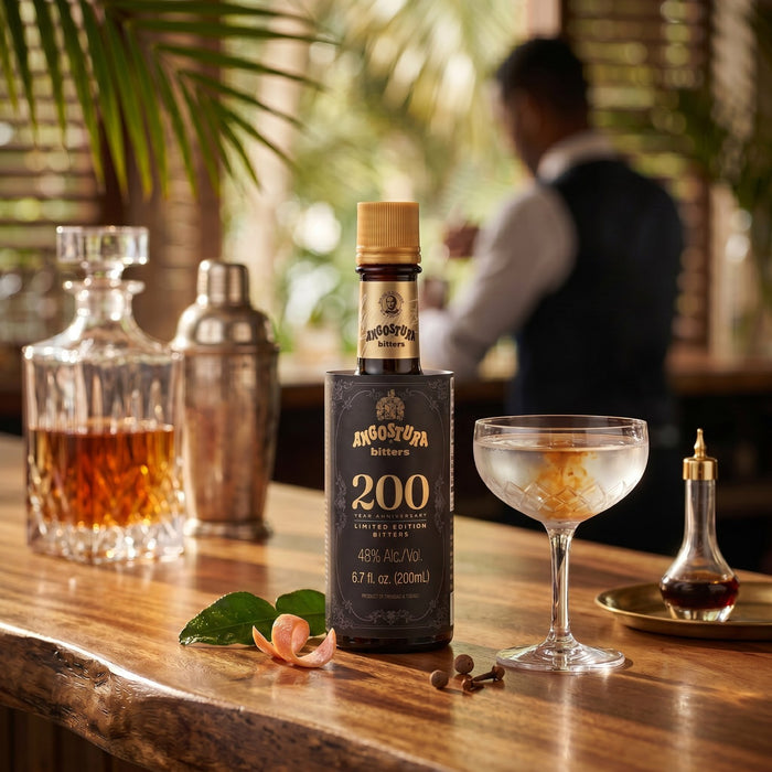 Bottle of Angostura Bitters 200 on a bar with a cocktail glass and decanter.
