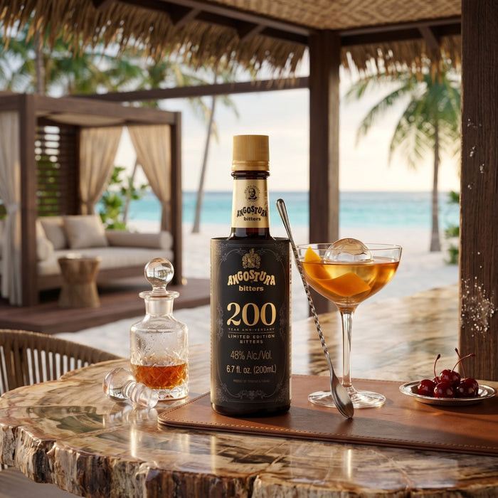 Angostura 200 bottle on a table with a cocktail and cherries in a tropical setting