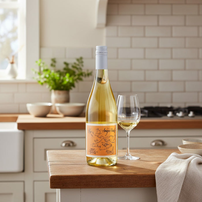 Bottle of white wine on a kitchen counter with a glass of wine.