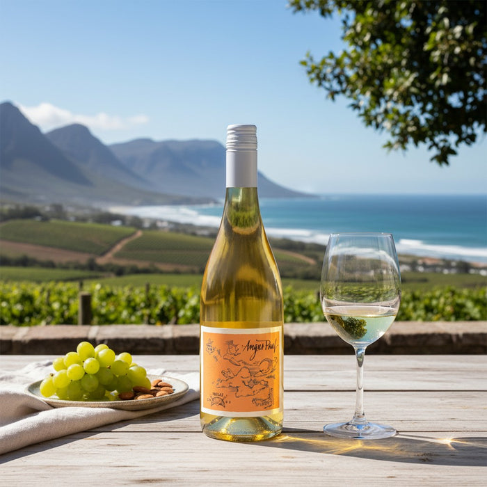 Bottle of white wine with a glass and grapes on a table with a scenic background