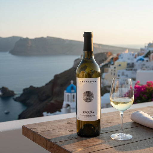 Anhydrous Afoura Santorini Assyrtiko with a view of Santorini