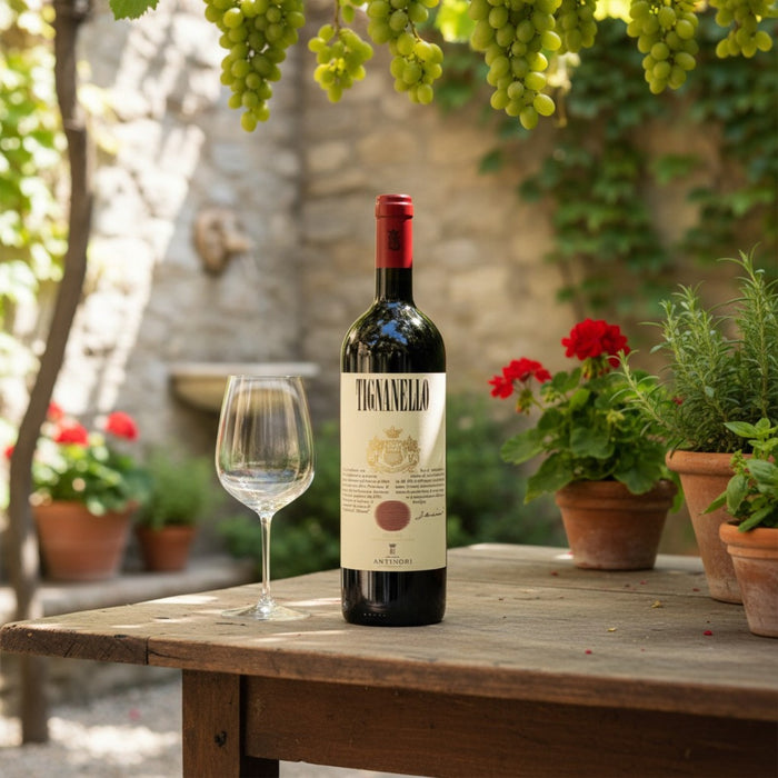 Bottle of Tignanello wine on a wooden table with a glass and potted plants in the background.