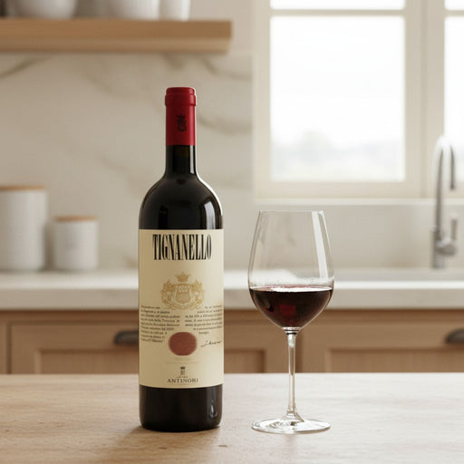 Bottle of Antinori Tignanello wine with a glass on a kitchen counter