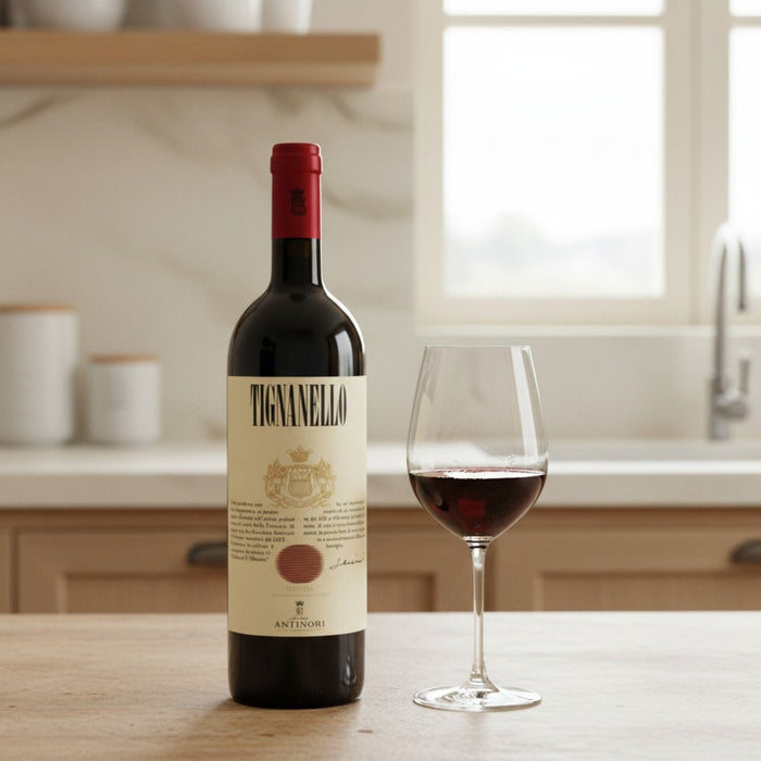 Antinori Tignanello 2023 with glass of wine