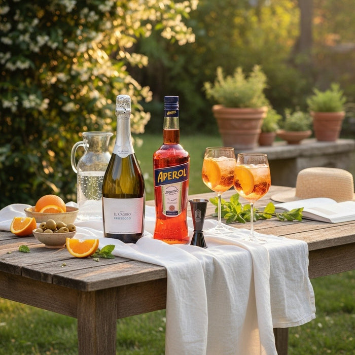 Outdoor setting with a wooden table set for a meal, featuring bottles of wine and Aperol, glasses of orange juice, and oranges.