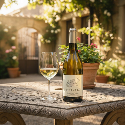 Wine bottle and glass of white wine on a stone table outdoors with plants and flowers in the background