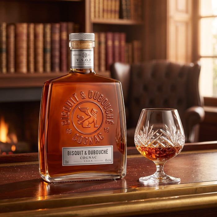 A bottle of Bisquit & Dubouché Cognac with a crystal snifter glass beside it, set on a polished wooden bar in front of a warm, blurred library and fireplace background.