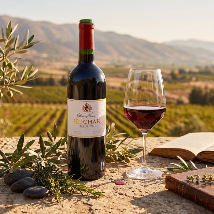 A bottle of Musar red wine stands on a stone surface beside a filled wine glass, with olive branches, rocks, an open book, and a blurred vineyard landscape in the background. The bottle label reads 'Hochar'.