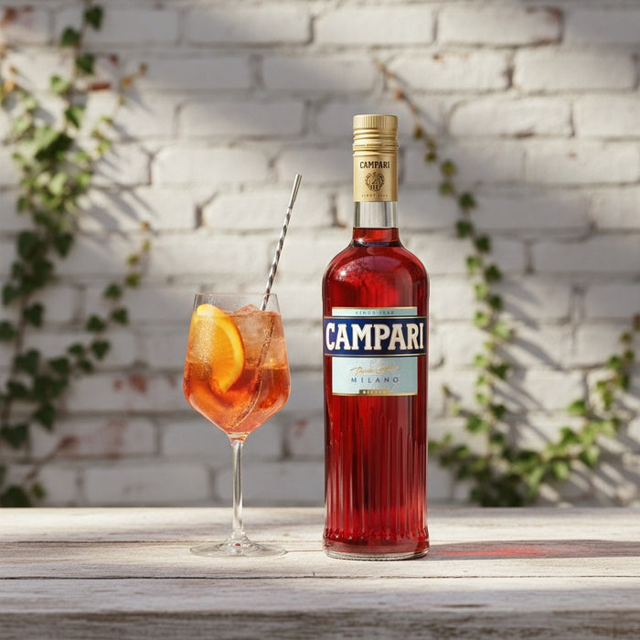 Campari bottle with a cocktail on a wooden surface against a white brick wall.