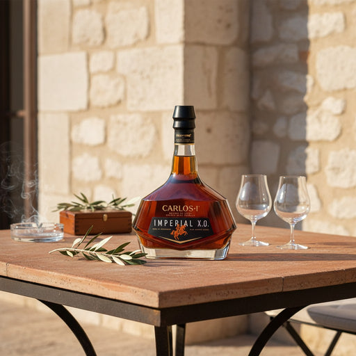Bottle of Carlos X.O. Imperial XO on a wooden table with two glasses in the background.